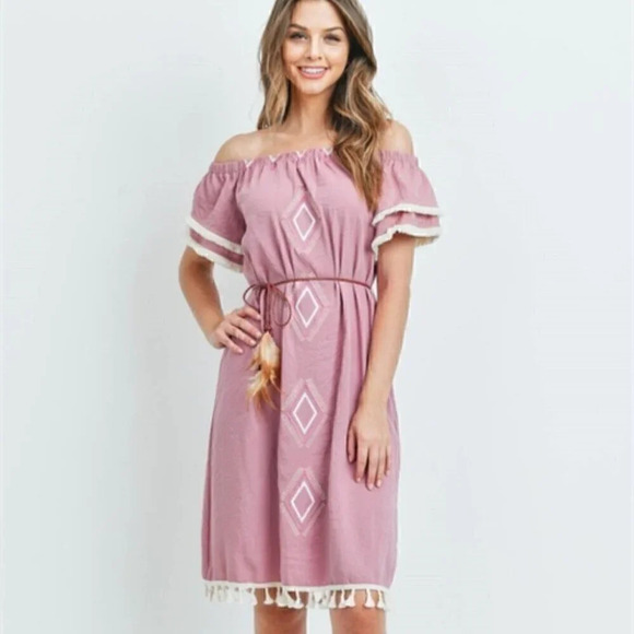 Decide Your Vibe Mauve tassel trime embroidered off shoulder Dress - Picture 3 of 8